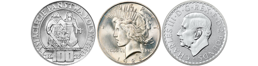 Peace Dollar, Poland 100 zloty, British King Charles